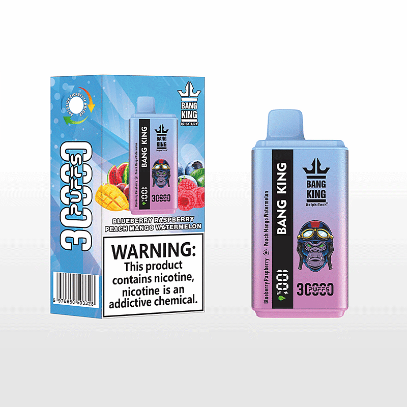 Embalaje y producto del vape Bang King con sabor Arándano, Frambuesa, Melocotón, Mango y Sandía y una etiqueta de advertencia sobre la adicción a la nicotina.