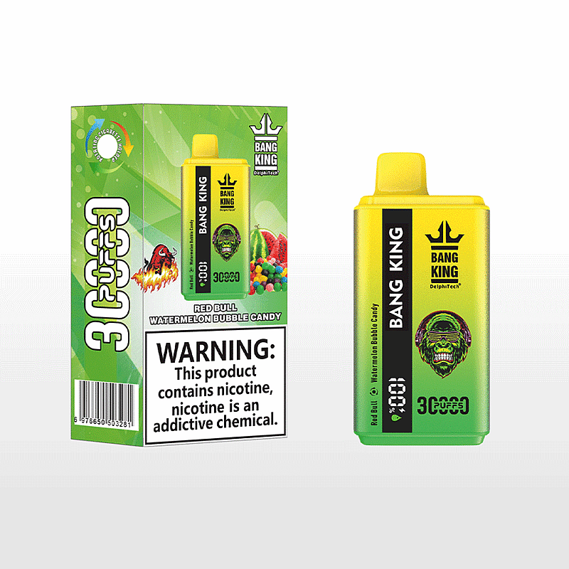 Embalaje y dispositivo para un producto de vapeo desechable Bang King con sabor a caramelo de burbuja de sandía Red Bull y una advertencia sobre la adicción a la nicotina.
