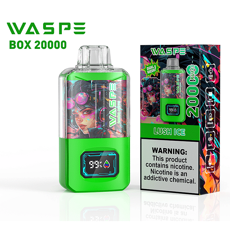 Vapeador WASPE Box 20000 de color verde con pantalla digital, 20000 caladas y marca de sabor "Lush Ice".