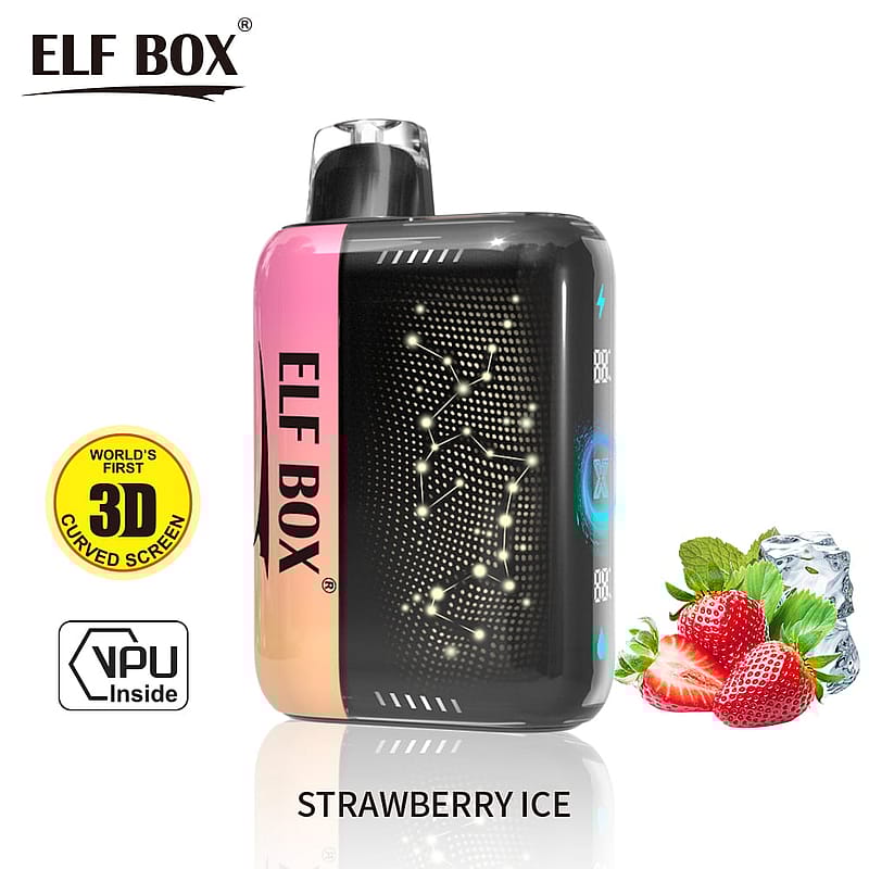ELF BOX Strawberry Ice vape device with a 3D curved screen and strawberry and ice imagery.