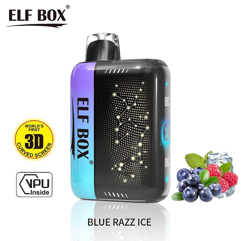 ELF BOX vape device with a 3D curved screen and "Blue Razz Ice" flavor, featuring a visual of blue raspberries, mint leaves, and ice cubes.