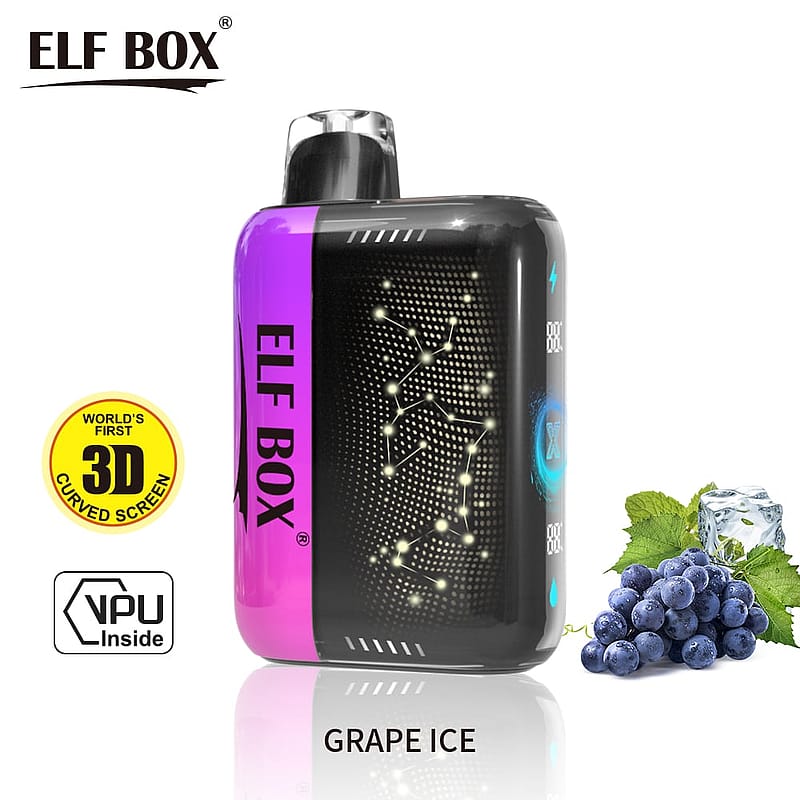 "Elf Box vape device with a 3D curved screen and Grape Ice flavor."