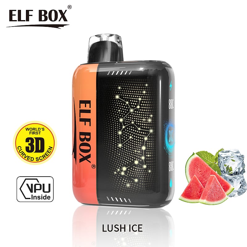 Elf Box vape device with a 3D curved screen, labeled "Lush Ice," featuring watermelon and ice cube icons.