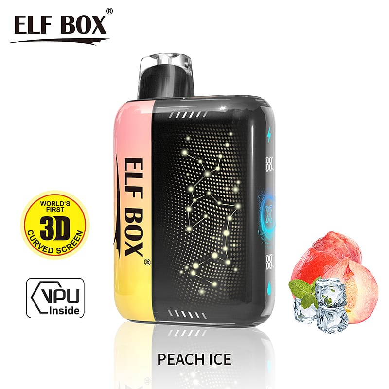 Elf Box vape device with a 3D curved screen design, labeled "PEACH ICE," featuring images of peach slices and ice cubes.