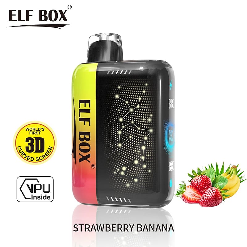 ELF BOX vape device with a 3D curved screen, labeled "Strawberry Banana" flavor, featuring a constellation design and fruit images.