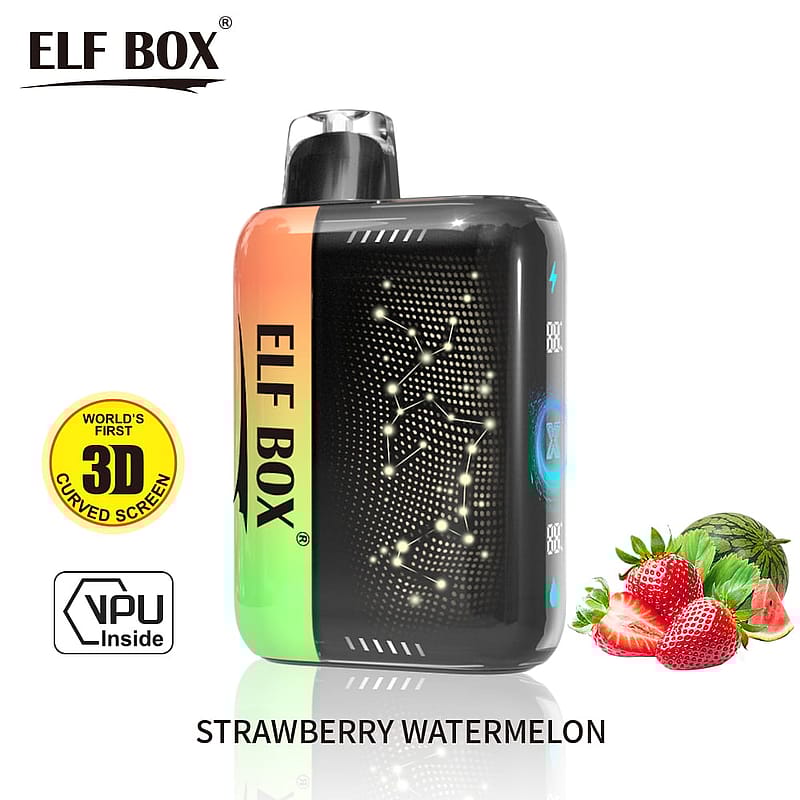 ELF BOX vape device with 3D curved screen, labeled "STRAWBERRY WATERMELON" flavor, featuring strawberry and watermelon images.