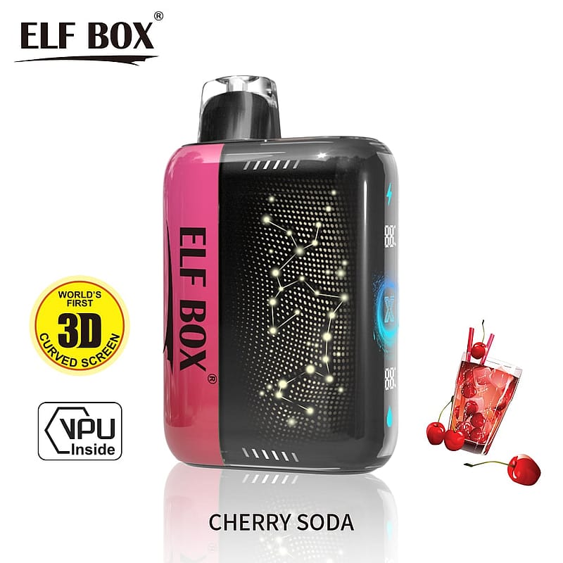 A black and pink device labeled "ELF BOX" with a curved screen, featuring constellation-like graphics and "CHERRY SODA" text.