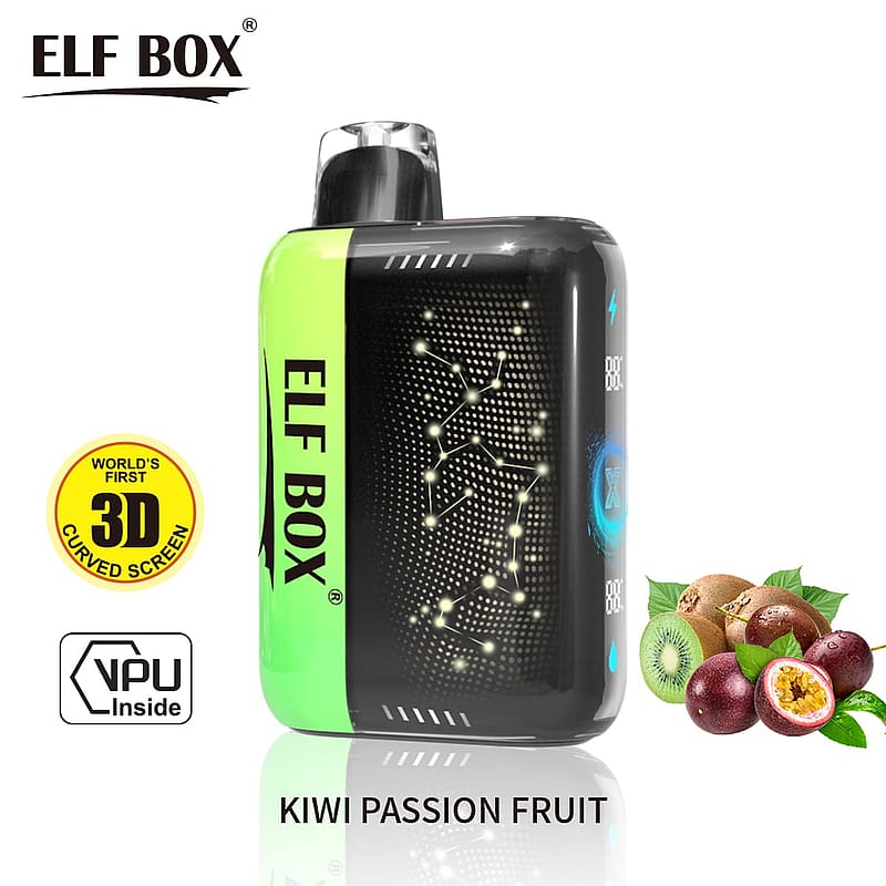 ELF BOX vape device with a green and black 3D curved screen design, labeled "KIWI PASSION FRUIT," with images of kiwi and passion fruit next to the device.