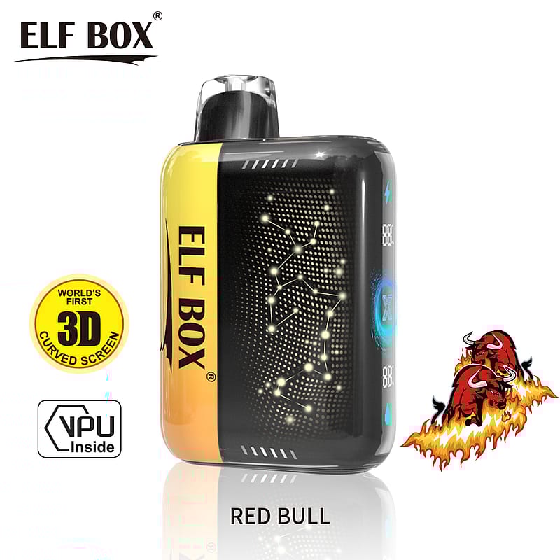 ELF BOX vaping device with a 3D curved screen, labeled "Red Bull," featuring a red bull logo and a constellation design.
