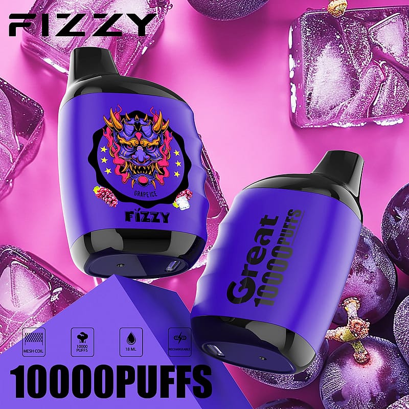 Fizzy Grape Ice engångsvape, kompakt design med mesh-spole för intensiv smak, elegant lila exteriör och druvillustration, perfekt för vaping-entusiaster som är på språng.