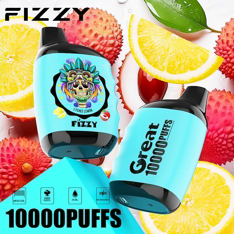 Fizzy Great Compact Mesh Coil, vaporizzatore monouso al gusto di litchi e limone, caratterizzato da un design elegante, dimensioni compatte e tecnologia avanzata della bobina a rete per un sapore e un'esperienza di svapo migliorati.