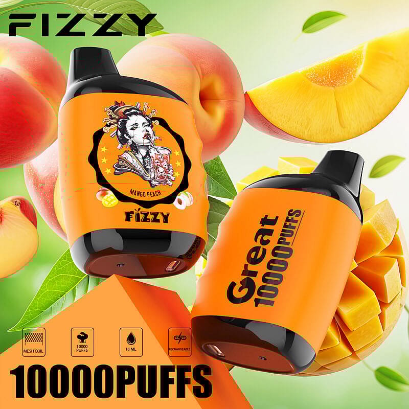Vaporizzatore monouso compatto con bobina a rete al gusto di mango e pesca, dal design elegante, confezione arancione brillante e marchio frizzante, ideale per gli amanti dello svapo che cercano un'esperienza di svapo comoda e saporita.