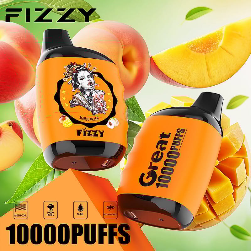 Compact Mesh Coil Disposable Vape i Mango Peach-smak med elegant design, livfull apelsinförpackning och kolsyrat varumärke, perfekt för vapers som söker en bekväm, smakfull vapingupplevelse.