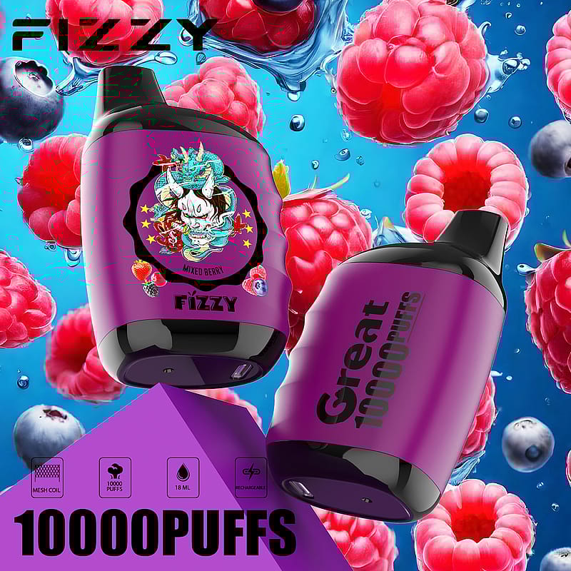 Fizzy Great Compact Mesh Coil Disposable Vape i blandad bärsmak med levande lila och rosa förpackningar, med elegant design och förstklassig byggkvalitet för en tillfredsställande vapingupplevelse.