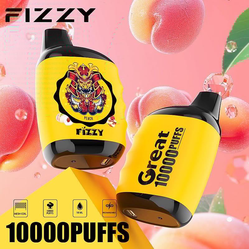Fizzy Great Compact Mesh Coil Disposable Vape i persikasmak, som visar upp en elegant design med livfull persikofärgad varumärke och ett modernt, ergonomiskt munstycke, perfekt för bärbar vaping.