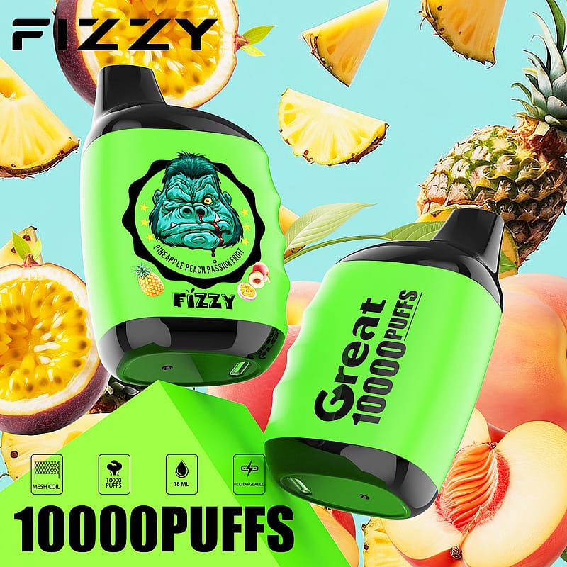 Fizzy Great Compact Mesh Coil Disponibel Vape i Pineapple Peach Passion Fruit-smak, som visar upp en elegant, färgstark design med fokus på portabilitet och en uppfriskande tropisk upplevelse.