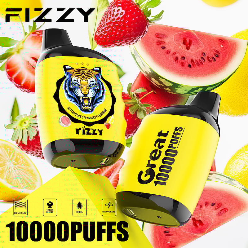 Fizzy Great Compact Mesh Coil Disposable Vape i vattenmelon Strawberry Lemonade-smak, med en elegant design med livfulla färger och detaljerad förpackning, perfekt för en uppfriskande vape-upplevelse.