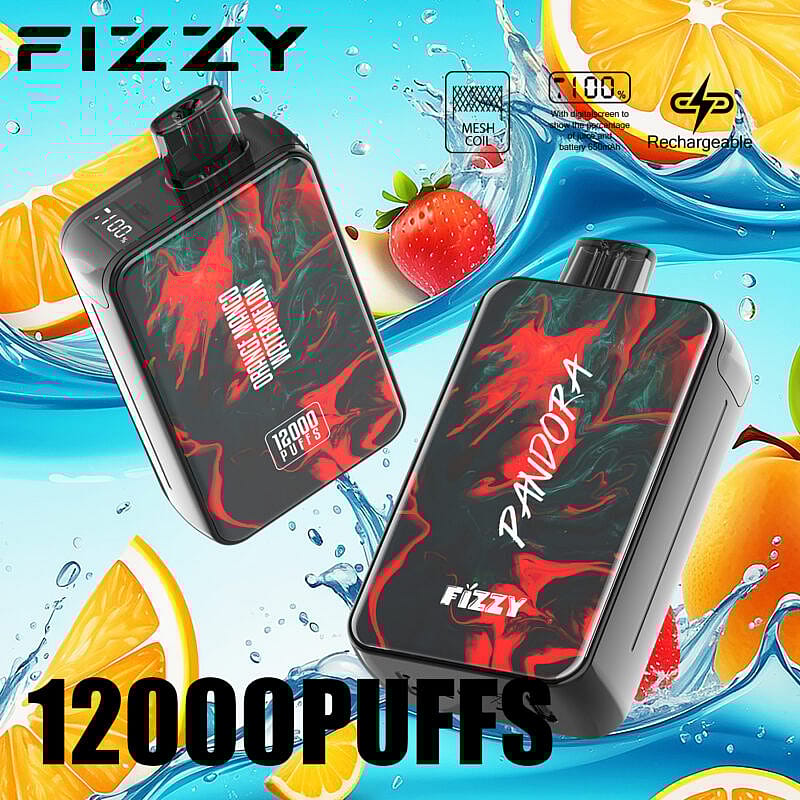 Due dispositivi di svapo ricaricabili con un design nero e rosso, ciascuno con la scritta "12000 PUFFS" e il marchio "FIZZY", con sfondo di frutta e schizzi d'acqua.
