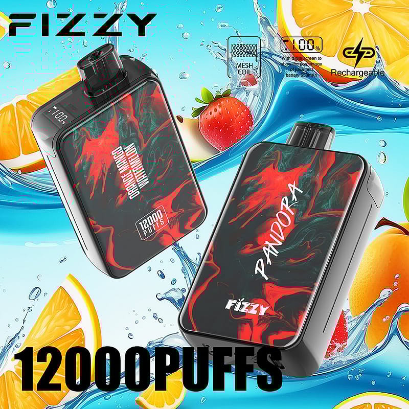 Dos dispositivos de vapeo recargables con un diseño en negro y rojo, cada uno con la leyenda "12000 PUFFS" y la marca "FIZZY", con un fondo de salpicaduras de agua y frutas.