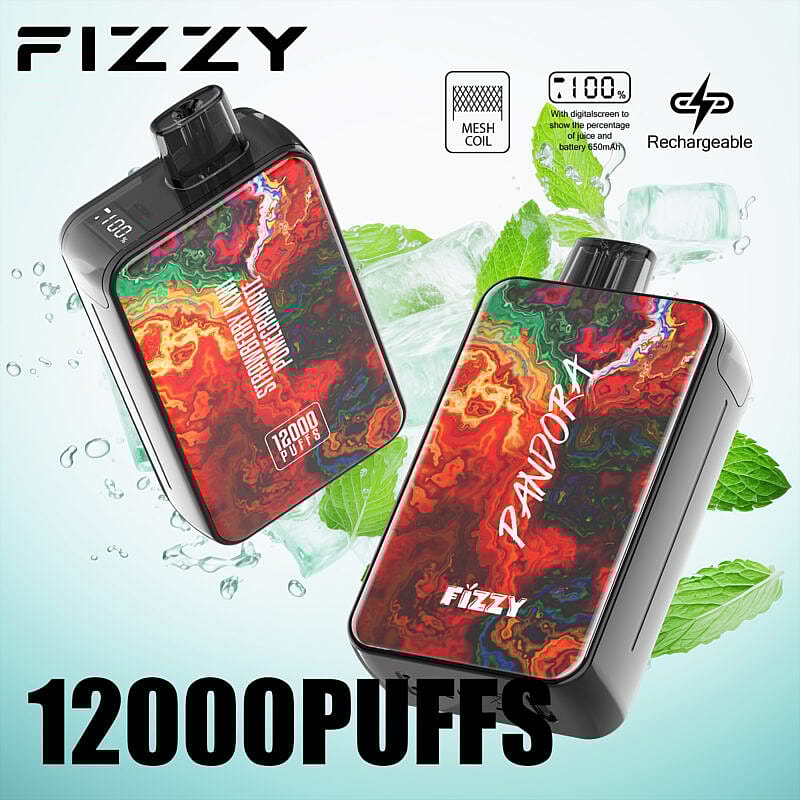 Dispositivo per il vaping del marchio Fizzy ai gusti "Pandora" e "Strawberry Kiwi Pomegranate", con 12.000 boccate, schermo digitale, bobina a rete e funzione di ricarica.