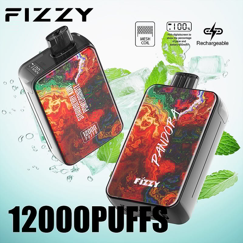 Dispositivo de vapeo de la marca Fizzy con sabores “Pandora” y “Strawberry Kiwi Pomegranate”, con 12.000 bocanadas, pantalla digital, bobina de malla y función recargable.
