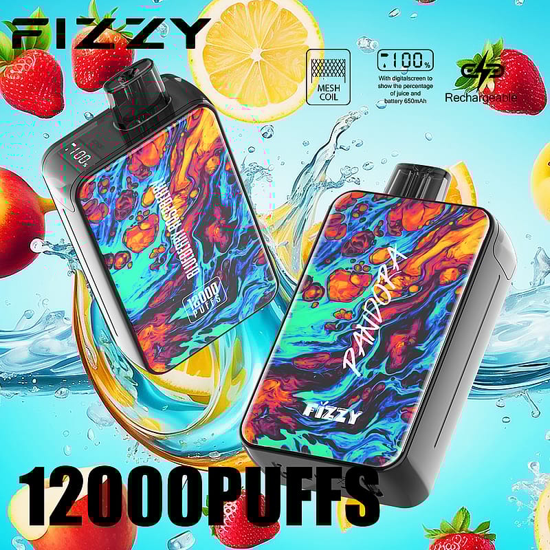 Un dispositivo de vapeo colorido llamado "Fizzy" con un diseño que incluye una pantalla digital, 12.000 bocanadas, una bobina de malla y una batería recargable de 650 mAh.