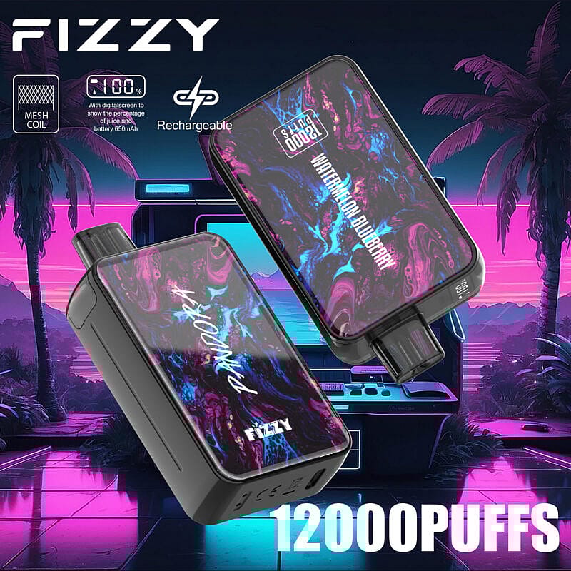 Dispositivo di svapo FIZZY con un design colorato, bobina a rete, funzione ricaricabile, batteria da 650 mAh e "12000 PUFFS" visualizzati sullo schermo.