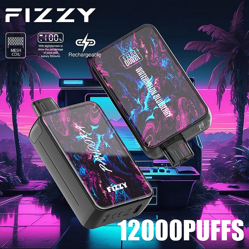 Dispositivo de vapeo FIZZY con un diseño colorido, bobina de malla, función recargable, batería de 650 mAh y "12000 PUFFS" mostrado en la pantalla.