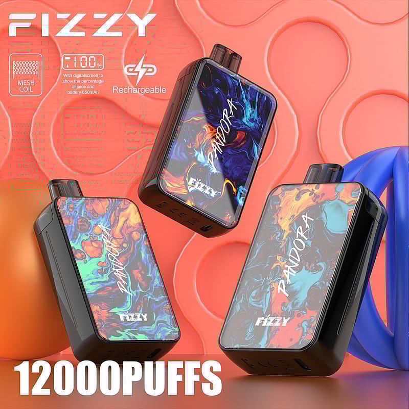 Dispositivo de vapeo recargable FIZZY con colorido diseño "Pandora", con capacidad para 12000 caladas y tecnología de bobina de malla.