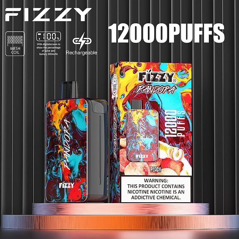 Dispositivo de vapeo desechable Fizzy Pandora con capacidad de 12000 bocanadas, pantalla digital, bobina de malla y batería recargable; el empaque muestra un diseño abstracto colorido y una etiqueta de advertencia sobre la adicción a la nicotina.