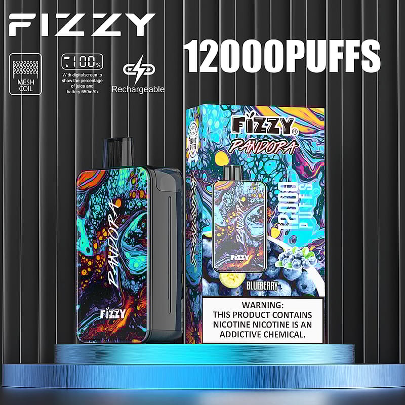 Dispositivo de vapeo Fizzy Pandora con 12.000 bocanadas, sabor a arándano, resistencia de malla, recargable y pantalla digital que muestra el porcentaje de jugo y batería.