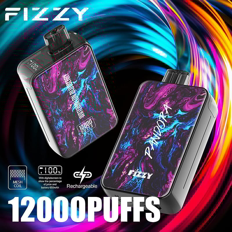 Un dispositivo de vapeo recargable de color negro y morado con la marca "Fizzy" y el texto "Pandora", capaz de 12.000 bocanadas, que cuenta con una pantalla digital y tecnología de bobina de malla.