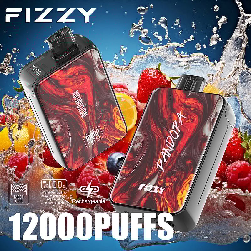 Dos dispositivos de vapeo coloridos etiquetados como "PANDORA" y "WATERMELON" con la marca "FIZZY", que muestran 12.000 bocanadas y funciones recargables sobre un fondo de frutas salpicadas.