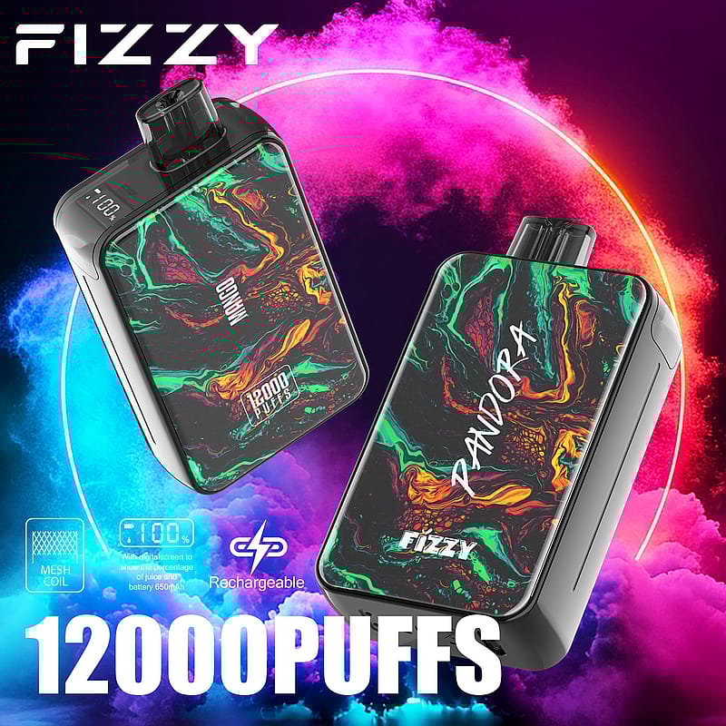 Dispositivo de vapeo Fizzy Pandora que presenta un diseño abstracto colorido, etiquetado con "12000 bocanadas" y "recargable" con una pantalla digital y tecnología de bobina de malla.