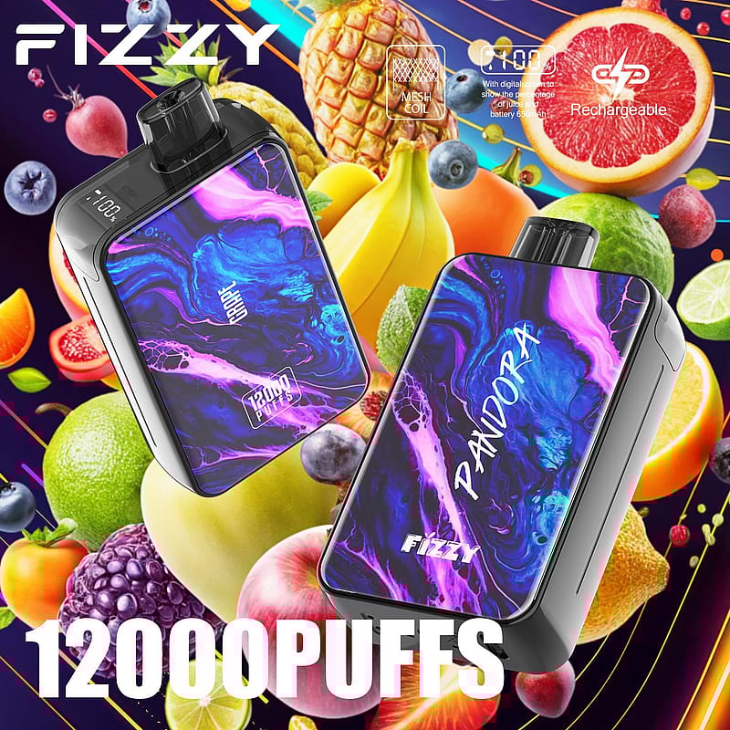 Un dispositivo de vapeo vibrante denominado "Fizzy Pandora" con un diseño colorido, rodeado de varias frutas y un texto que indica "12000 bocanadas".