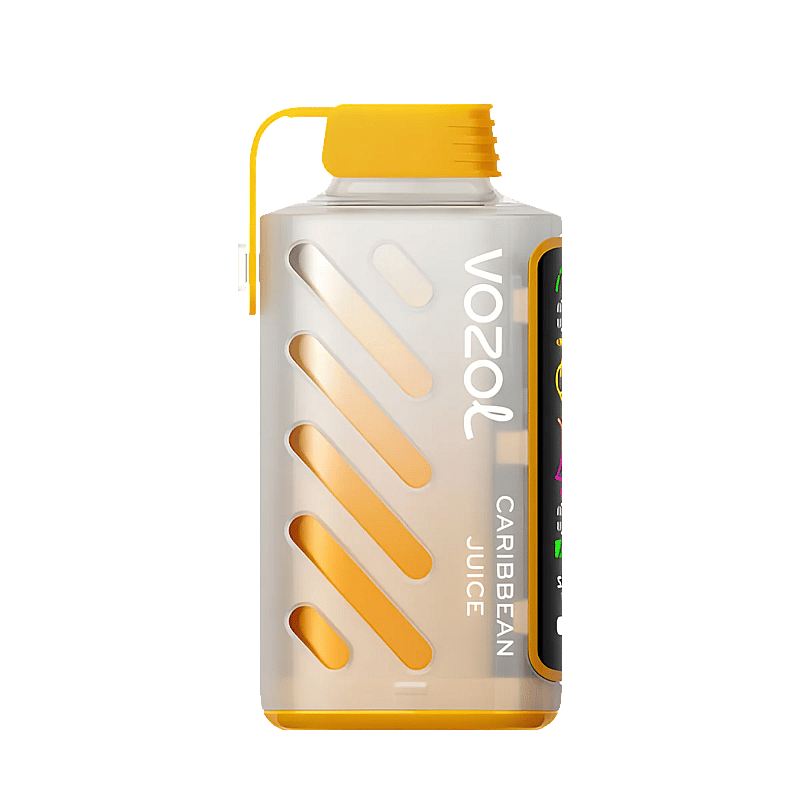 Dispositivo da svapo rettangolare giallo e trasparente con l'etichetta "Vozol Caribbean Juice".