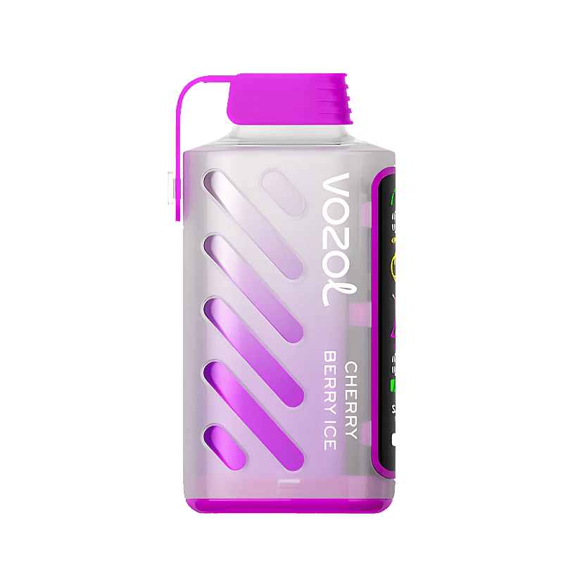 VOZOL Gear Power 20000 usa e getta al gusto Cherry Berry Ice con un elegante design nero, che mostra una grafica vibrante di ciliegie e frutti di bosco, sottolineando l'alta capacità e le prestazioni di lunga durata.