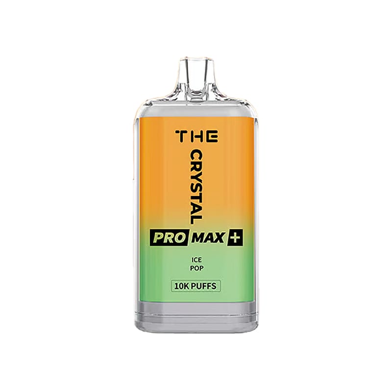 A transparent disposable vape device labeled "THE CRYSTAL PRO MAX+" with an orange-to-green gradient design, indicating "ICE POP" flavor and "10K PUFFS" at the bottom.