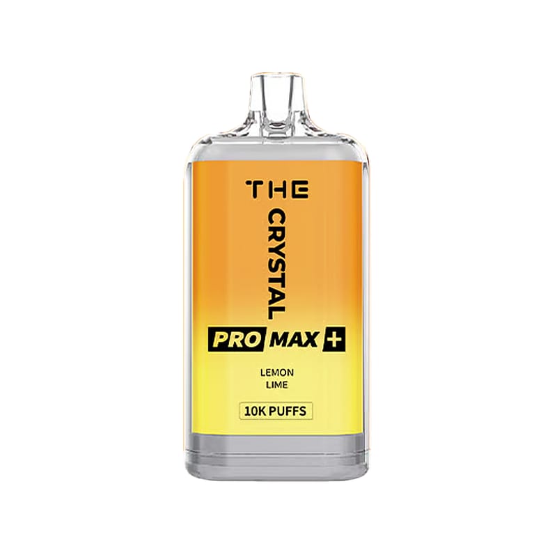 Crystal Pro Max+ vape device with a transparent top and yellow-orange gradient body, labeled "Lemon Lime" and "10K puffs."