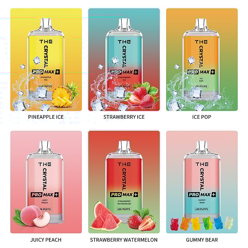A selection of six disposable vape devices labeled "The Crystal Pro Max" with different flavors: Pineapple Ice, Strawberry Ice, Ice Pop, Juicy Peach, Strawberry Watermelon, and Gummy Bear. Each device is visually represented with corresponding fruit or candy and ice cubes.