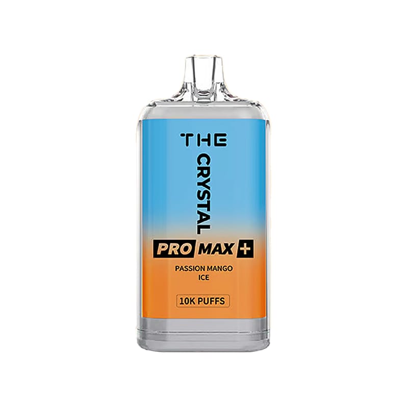 A clear disposable vape labeled "THE CRYSTAL PRO MAX+ Passion Mango Ice" with "10K PUFFS" on the bottom.