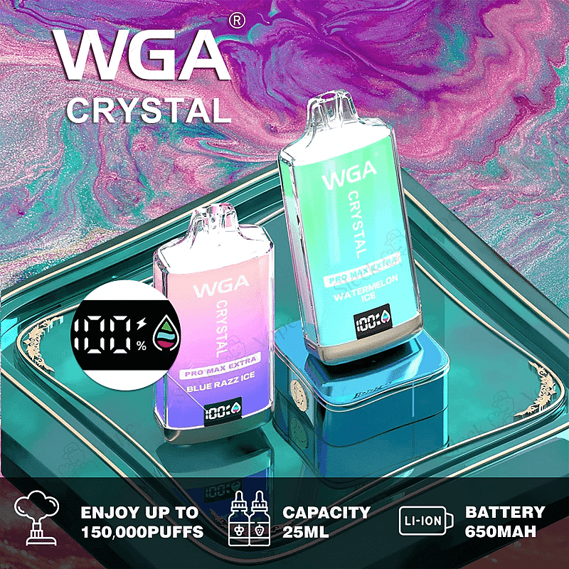 WGA Crystal Pro Max Extra 15K disposable vape in sleek packaging, offering 15,000 puffs, featuring a modern design with vibrant colors, ideal for extended use and on-the-go vaping.