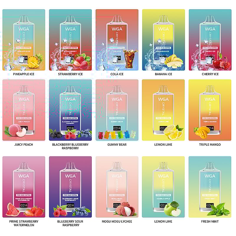 WGA Crystal Pro Max Extra 15K vape with 15000 puffs in various vibrant flavors on a sleek, modern display, perfect for high-quality vaping experiences and flavor enthusiasts.
