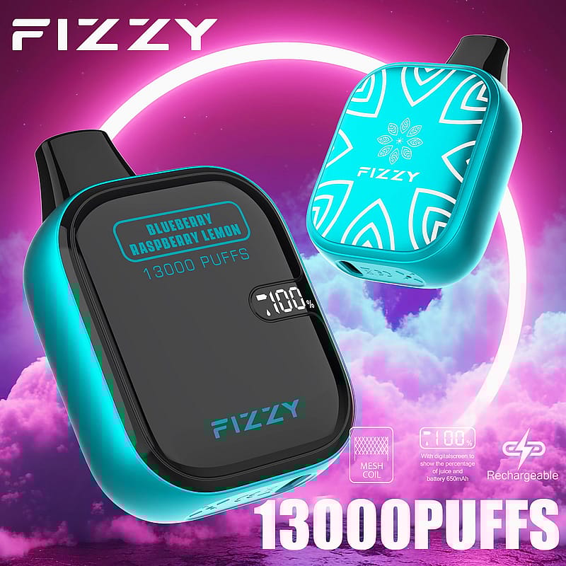A turquoise-colored FIZZY disposable vape device with the flavor "Blueberry Raspberry Lemon," 13000 puffs, digital screen, and 100% battery indicator, displayed against a vibrant purple background.