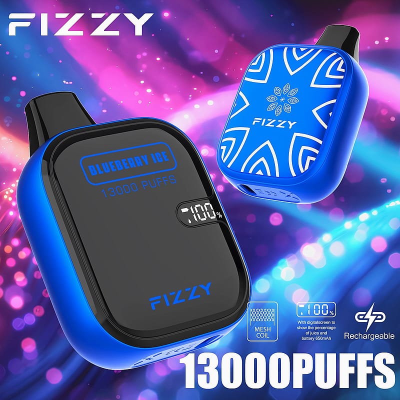 Blue rechargeable vaping device with "Fizzy" branding, labeled "Blueberry Ice" and "13,000 puffs," featuring a digital screen displaying battery and juice percentage on a colorful background.