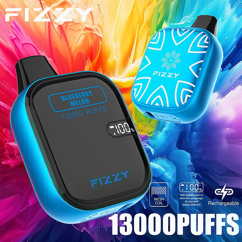 Two blue FIZZY disposable vape devices, labeled "Blueberry Melon" with 13,000 puffs, displayed against a colorful background.
