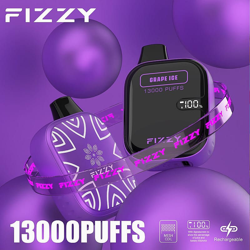 Purple-themed disposable vape labeled "Fizzy Grape Ice" with 13,000 puffs and a digital screen showing 100% battery.