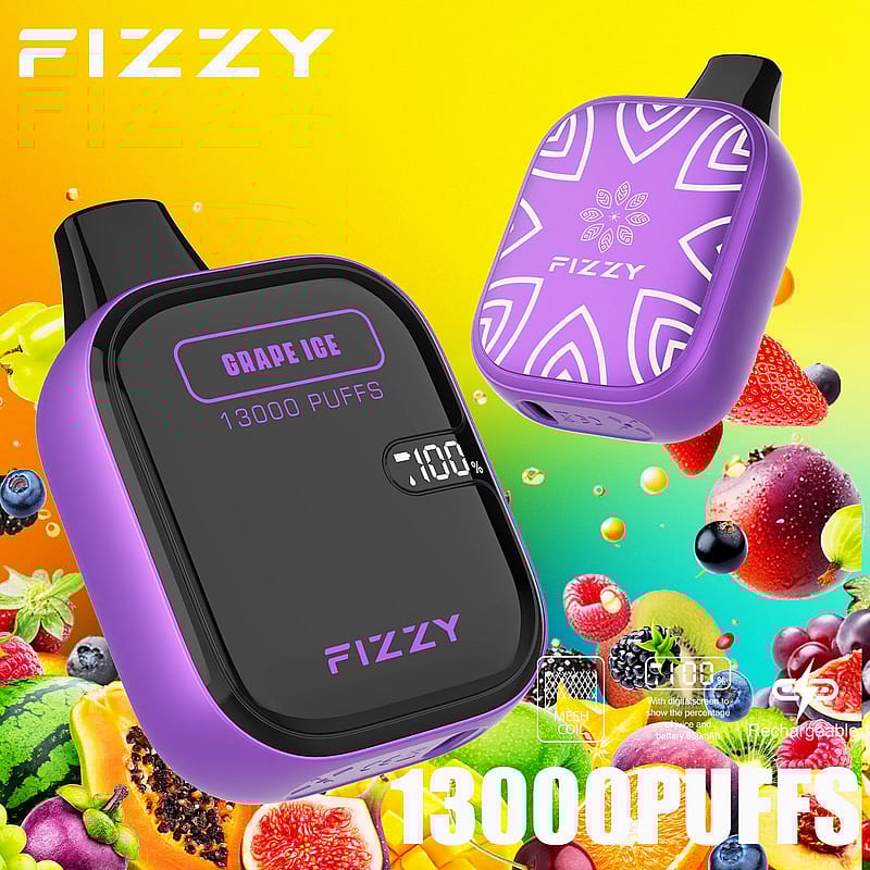 Fizzy Grape Ice vape with 13,000 puffs, purple design, digital battery indicator showing 100%, fruit background.