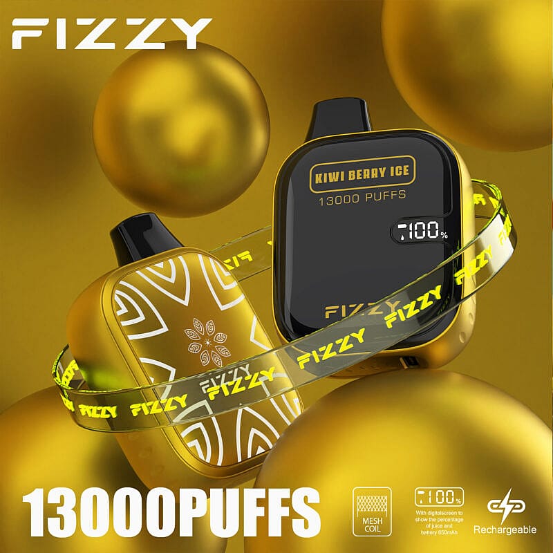 Dispositif de vaporisation en or étiqueté "Fizzy" avec un arôme "Kiwi Berry Ice", 13000 bouffées, bobine en maille, rechargeable, et écran numérique affichant 100% de charge, entouré de sphères en or.