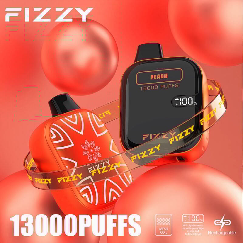 Dispositif de vape de la marque Fizzy avec 13 000 bouffées, arôme pêche, et indicateur de batterie 100% affiché à l'écran, sur fond rouge.